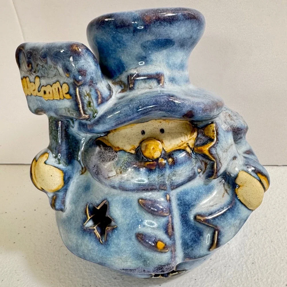 Handmade Ceramic Gnome Tealight Candle Holder Welcome Sign Blue Glaze mark 